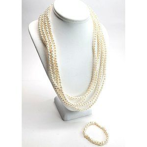 Off-White Cream Pearl Endless Necklace Lariat Strand 50" + Bracelet DH491